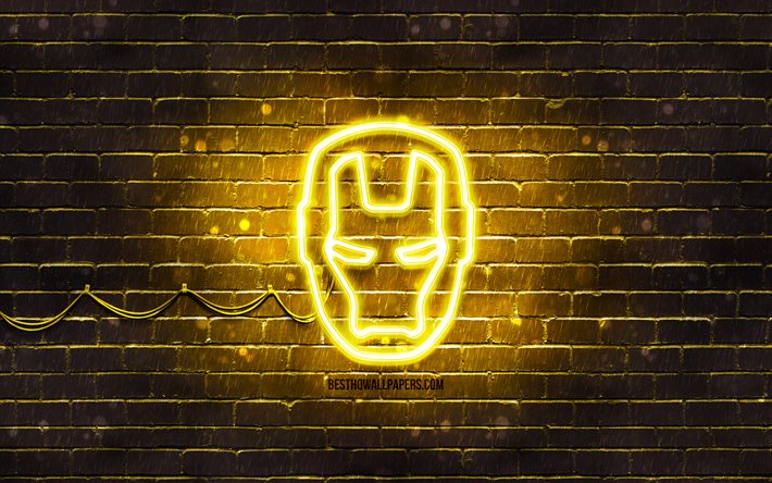 Iron Man logo giallo, 4k, muro di mattoni giallo, logo IronMan, Iron Man, supereroi, logo al neon IronMan, logo Iron Man, IronMan