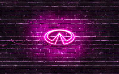 Infiniti purple logo, 4k, purple brickwall, Infiniti logo, cars brands, Infiniti neon logo, Infiniti