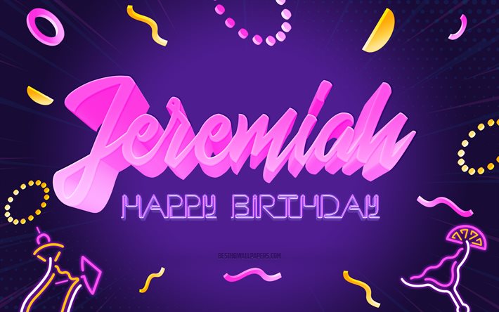 Grattis p&#229; f&#246;delsedagen Jeremiah, 4k, Purple Party Background, Jeremiah, kreativ konst, Grattis p&#229; Jeremiahs f&#246;delsedag, Jeremiahs namn, Jeremiah Birthday, Birthday Party Background