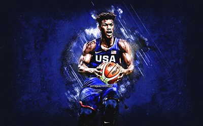 Jimmy Butler, squadra nazionale di basket USA, USA, giocatore di basket americano, ritratto, squadra di basket degli Stati Uniti, sfondo di pietra blu