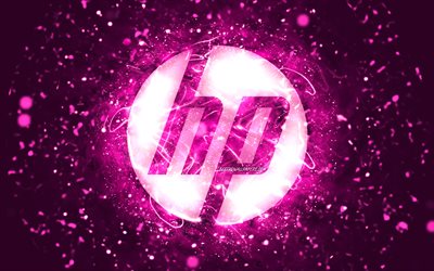 hp lila logo, 4k, lila neonlichter, kreativ, hewlett-packard-logo, lila abstrakter hintergrund, hp logo, hewlett-packard, hp