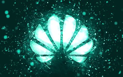 Huawei turkoosi logo, 4k, turkoosi neonvalot, luova, turkoosi abstrakti tausta, Huawei logo, tuotemerkit, Huawei
