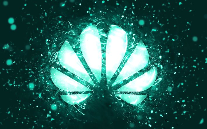 Logotipo turquesa da Huawei, 4k, luzes de n&#233;on turquesa, criativo, fundo abstrato turquesa, logotipo da Huawei, marcas, Huawei