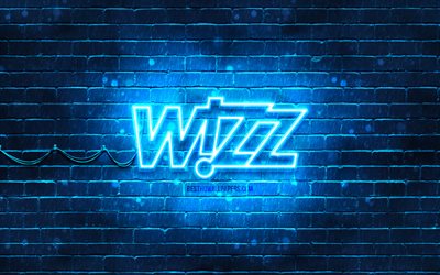 ウィズエアーブルーのロゴ, 4k, 青いレンガの壁, WizzAirのロゴ, 航空会社, WizzAirネオンロゴ, ウィズエアー