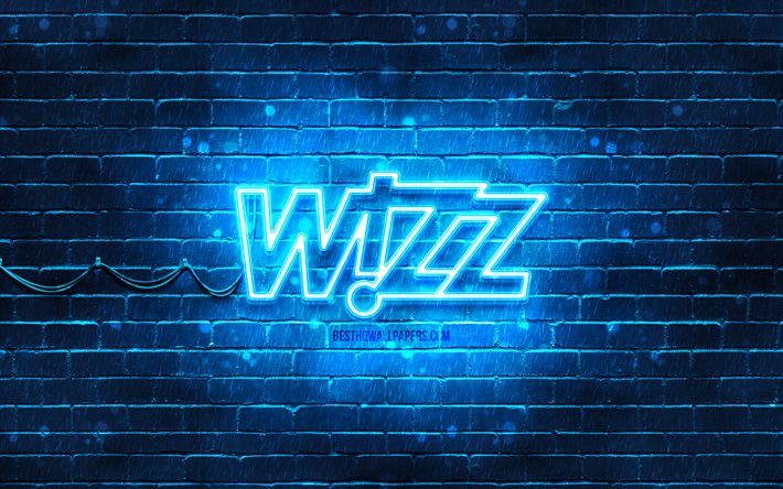 Logotipo azul Wizz Air, 4k, parede de tijolos azul, logotipo Wizz Air, companhia a&#233;rea, logotipo de n&#233;on Wizz Air, Wizz Air