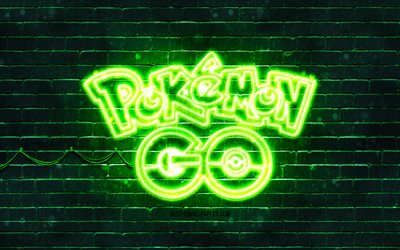 Pokemon Go green emblem, 4k, green brickwall, Pokemon Go emblem, games brands, Pokemon Go neon emblem, Pokemon Go