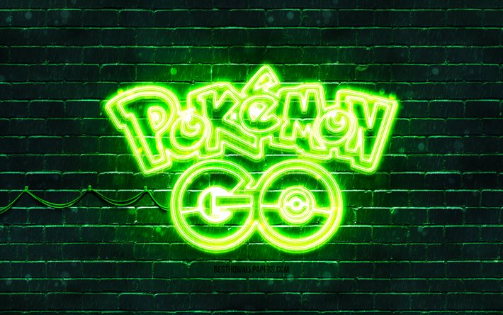 Emblema verde di Pokemon Go, 4k, muro di mattoni verde, emblema di Pokemon Go, marchi di giochi, emblema al neon di Pokemon Go, Pokemon Go