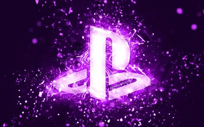 PlayStation-violetti-logo, 4k, violetit neonvalot, luova, violetti abstrakti tausta, PlayStation-logo, PlayStation