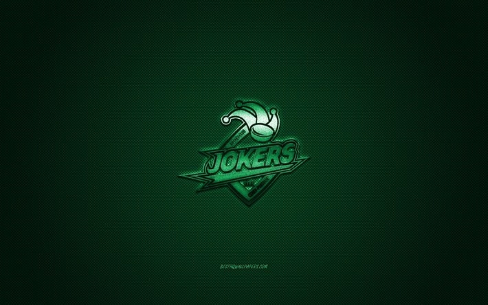 HC Jokers Cergy-Pontoise, French ice hockey team, green logo, green carbon fiber background, Ligue Magnus, hockey, Cergy-Pontoise, France, HC Jokers Cergy-Pontoise logo