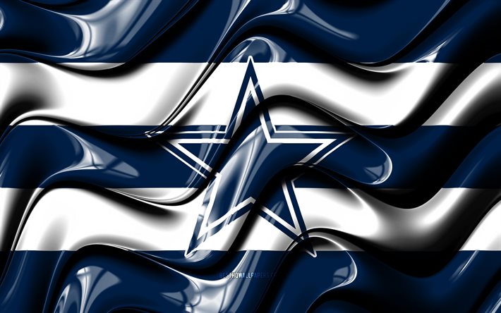Bandeira do Dallas Cowboys, 4k, ondas 3D azuis e brancas, NFL, time de futebol americano, logotipo do Dallas Cowboys, futebol americano, Dallas Cowboys