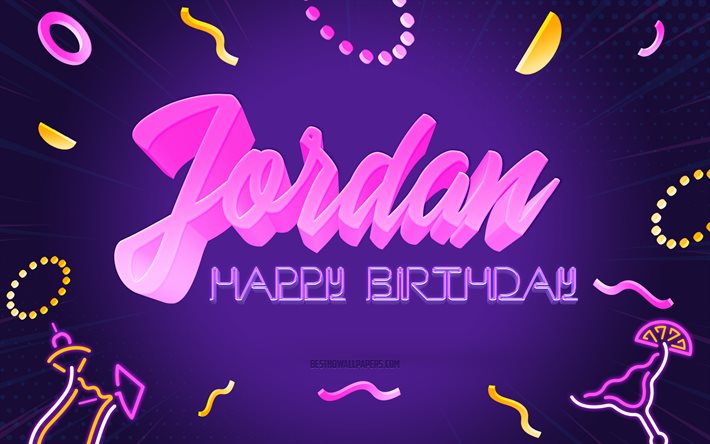 お誕生日おめでとうジョーダン, 4k, 紫のパーティーの背景, ヨルダン, クリエイティブアート, ジョーダンお誕生日おめでとう, ヨルダン名, ヨルダンの誕生日, 誕生日パーティーの背景