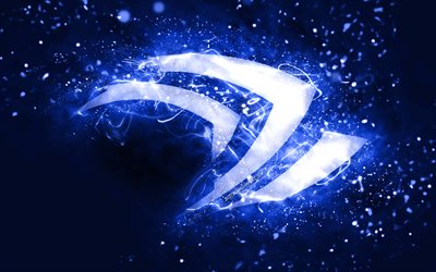 Nvidia dark blue logo, 4k, dark blue neon lights, creative, dark blue abstract background, Nvidia logo, brands, Nvidia