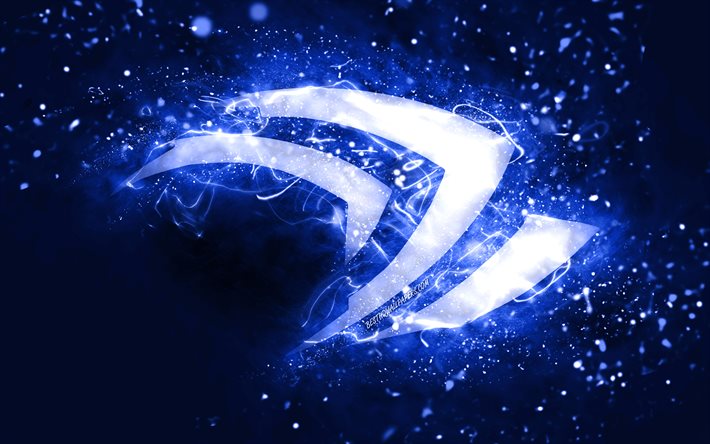 Nvidia tummansininen logo, 4k, tummansiniset neonvalot, luova, tummansininen abstrakti tausta, Nvidia-logo, tuotemerkit, Nvidia