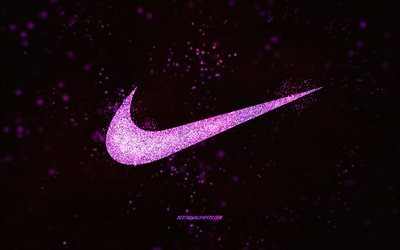 Nike glitter logo, black background, Nike logo, purple glitter art, Nike, creative art, Nike purple glitter logo