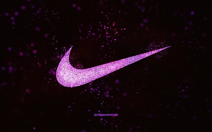 Logo de paillettes de Nike, fond noir, logo de Nike, art de paillettes pourpre, Nike, art cr&#233;atif, logo de paillettes de violet de Nike