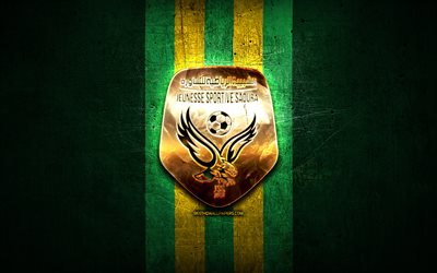 js saoura, logo doré, algérien de ligue professionnelle 1, vert métal, fond, football, algérienne de football club, la js saoura logo, le soccer, la jss, jeunesse sportive saoura