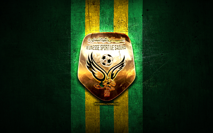 js saoura, kultainen logo, algerian ligue professionnelle 1, vihre&#228; metalli tausta, jalkapallo, algerian jalkapallo klubi, js saoura logo, jss, jeunesse sportive saoura