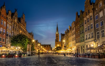 gdansk, noite, p&#244;r do sol, tempo de mercado, centro de gdansk, capela real, paisagem da cidade de gdansk, pol&#243;nia