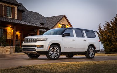 en 2023, le jeep grand wagoneer l, 4k, vue de face, à l extérieur, blanc grand wagoneer l, nouveau grand wagoneer l, voitures américaines, jeep