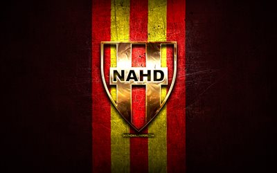 NA Hussein Dey, golden logo, Algerian Ligue Professionnelle 1, red metal background, football, Algerian football club, NA Hussein Dey logo, soccer, NAHD, Nasr Athletique Hussein Dey