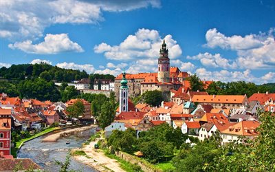 قلعة براغ, 4k, نهر فلتافا, الصيف, التشيكية المعالم, هرادكاني, براغ, جمهورية التشيك, أوروبا
