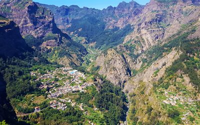 Curral das Freiras, aerial view, summer, mountain valley, mountain landscape, Madeira Island, Portugal