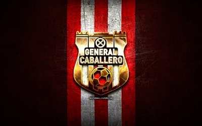General Caballero JLM FC, golden logo, Paraguayan Primera Division, red metal background, football, Venezuelan football club, Club General Caballero JLM logo, soccer, Venezuelan Primera Division, Club General Caballero JLM