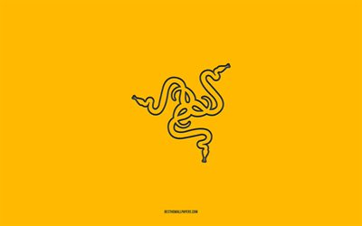 razerのロゴ, 4k, 黄色の勾配の背景, razer炭素ロゴ, 黄色の背景, razer, razerエンブレム