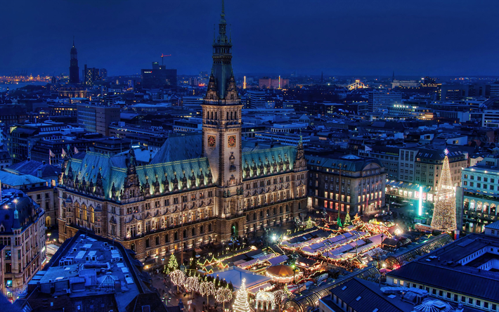 Hamburg Town Hall, 4k, winter, nightscapes, german cities, Hamburger Rathaus, Hamburg, Germany, Europe, Hamburg cityscape
