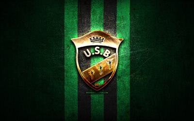 US Biskra, golden logo, Algerian Ligue Professionnelle 1, green metal background, football, Algerian football club, US Biskra logo, soccer, Union Sportive Biskra