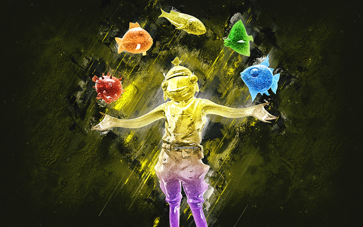 Fortnite Yellow Gummy Fishstick Skin, Fortnite, main characters, yellow stone background, Yellow Gummy Fishstick, Fortnite skins, Yellow Gummy Fishstick Skin, Yellow Gummy Fishstick Fortnite, Fortnite characters