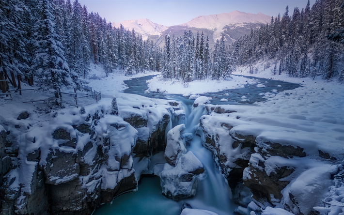 Alberta, winter, evening, sunset, snow, snowy forest, mountain river, Canada
