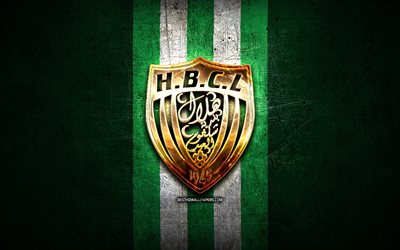 HB Chelghoum Laid, golden logo, Algerian Ligue Professionnelle 1, green metal background, football, Algerian football club, HB Chelghoum Laid logo, soccer, HBCL, Hilal Baladiat Chelghoum Laid