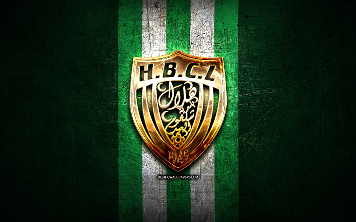 hb chelghoum noudattaen, kultainen logo, algerian ligue professionnelle 1, vihre&#228; metalli tausta, jalkapallo, algerian jalkapallo klubi, hb chelghoum kirjattu logo, hbcl, hilal baladiat chelghoum noudattaen