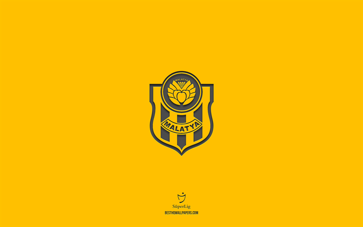 yeni malatyaspor, plano de fundo amarelo, turco, time de futebol, yeni malatyaspor emblema, super lig, turquia, futebol, yeni malatyaspor logotipo