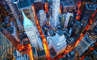 Wall Street, 4k, nighscapes, metropolis, american cities, New York, urban area, New York City, NYC, America, USA
