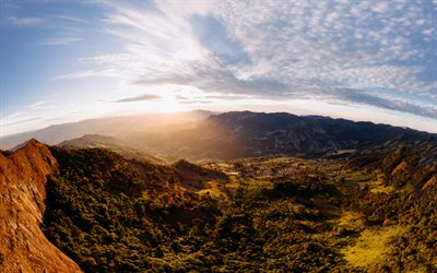 mountain valley, evening, sunset, mountain landscape, forest, valley, aerial view