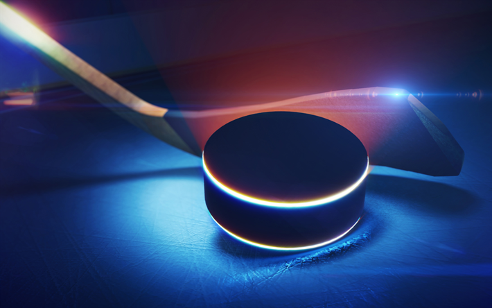 4k -, hockey-puck, hockey stick, neon-strahlen, eis-arena, hockey-konzepte, hockey