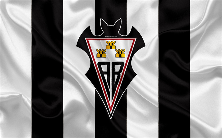 Albacete Balompie, 4k, silkki tekstuuri, Espanjan football club, logo, tunnus, musta ja valkoinen lippu, Toinen, Divisioonan B, LaLiga2, Albacete, Espanja, jalkapallo