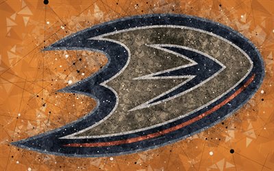 Anaheim Ducks, 4k, American hockey club, creative art, logo, luova geometrinen art, tunnus, NHL, oranssi abstrakti tausta, Anaheim, California, USA, j&#228;&#228;kiekko, National Hockey League
