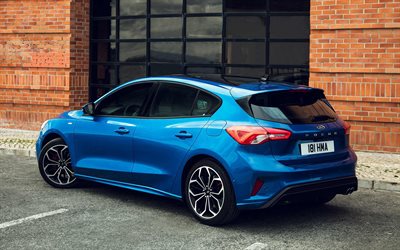 Ford Focus, 2018, 4k, exterior, vis&#227;o traseira, azul novo Foco, hatchback, Ford