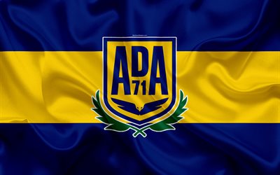 AD Alcorcon, 4k, silk texture, Spanish football club, logo, emblem, blue yellow flag, Segunda, Division B, LaLiga2, Alcorcon, Spain, football
