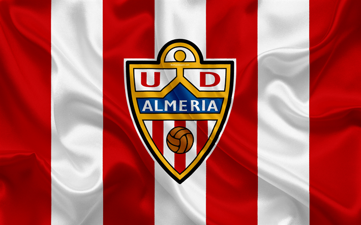 UD Almeria, 4k, siden konsistens, Spansk fotbollsklubb, logotyp, emblem, r&#246;d vit flagg, Andra, Division B, LaLiga2, Almeria, Spanien, fotboll