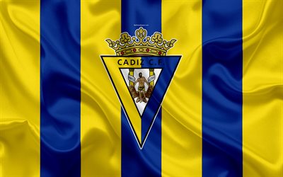 Cadiz CF, 4k, silkki tekstuuri, Espanjan football club, logo, tunnus, keltainen-sininen lippu, Toinen, Divisioonan B, LaLiga2, Andalusia, Espanja, jalkapallo