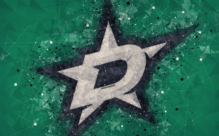 Dallas Stars, 4k, Americana de h&#243;quei clube, arte criativa, logo, criativo arte geom&#233;trica, emblema, NHL, verde resumo de plano de fundo, Dallas, Texas, EUA, h&#243;quei, Liga Nacional De H&#243;quei