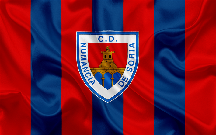 CD Numancia, 4k, silk texture, Spanish football club, logo, emblem, blue red flag, Segunda, Division B, LaLiga2, Soria, Spain, football, Numancia FC