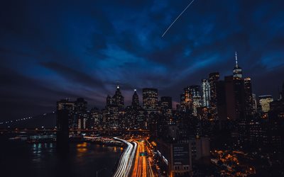 4k, New York, traffic lights, nightscapes, skyscrapers, USA, NYC, America