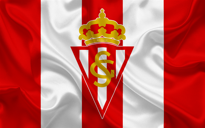 Real Sporting de Gij&#243;n, 4k, textura de seda, Clube de futebol espanhol, logo, emblema, branco vermelho a bandeira, Segunda, Divis&#227;o B, LaLiga2, Gijon, Espanha, futebol, Gijon FC