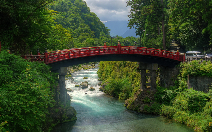 mountain landscape, gorge, mountain river, Japanese bridge, Japan, beautiful nature
