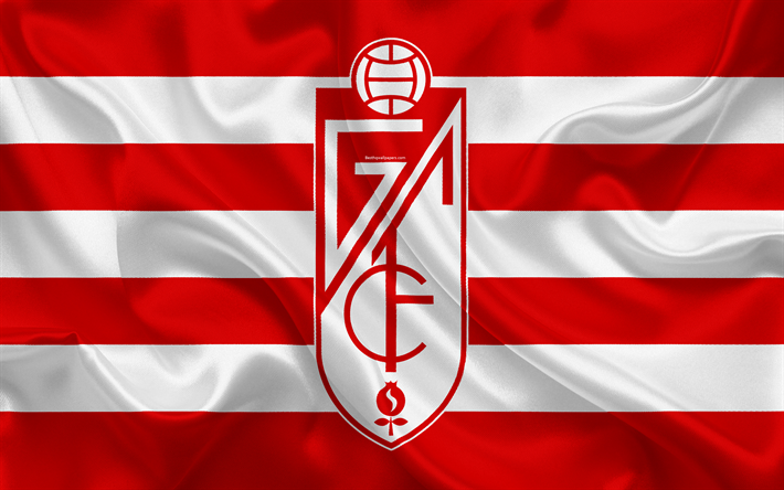 Granada CF, 4k, textura de seda, Clube de futebol espanhol, logo, emblema, vermelho bandeira branca, Segunda, Divis&#227;o B, LaLiga2, Andaluzia, Espanha, futebol